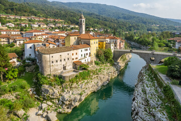 Aerial view of the Kanal ob Soci town in Slovenia.
