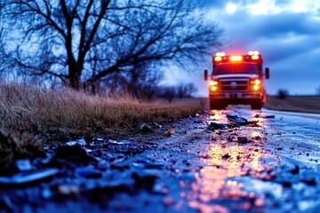 Emergency response vehicle arrives at accident scene on dark, rain-soaked road with debris scattered across the pavement and ominous clouds overhead at dusk.