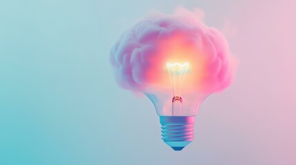 A vibrant 2D illustration of a lightbulbshaped brain, sparking fun thoughts and good ideas in a clean setting.