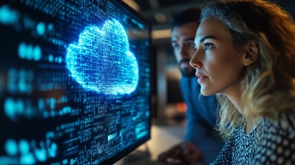 Focused on a luminous digital cloud display, two professionals collaborate in a sleek office. Their expressions reveal curiosity and engagement with cutting-edge technology
