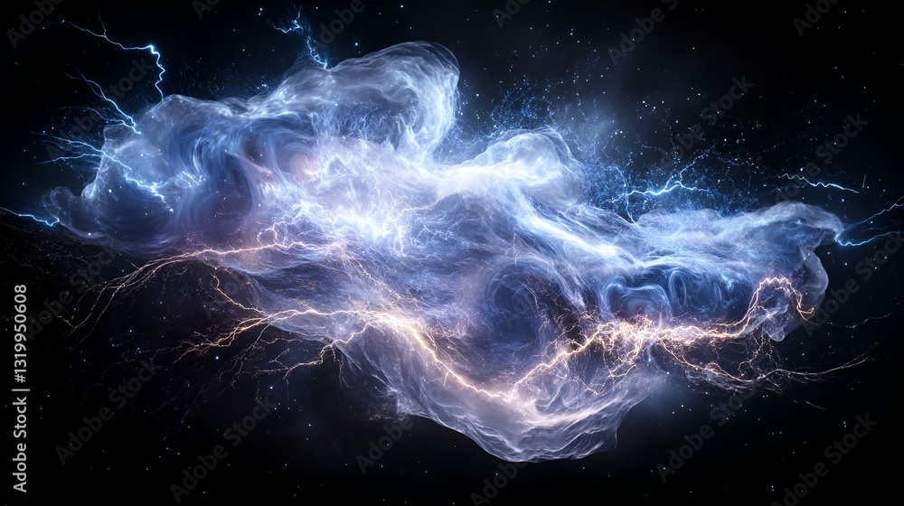 Poster digital data cloud represented as a vast network of light and particles in abstract space