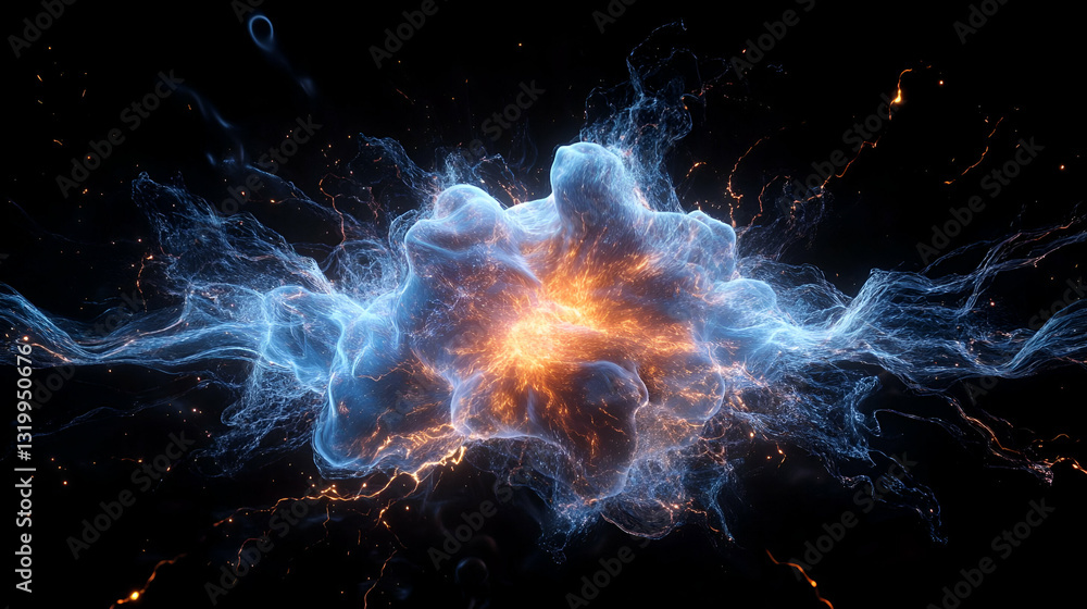 Poster artistic visualization of colorful microscopic particles creating energy explosion in space