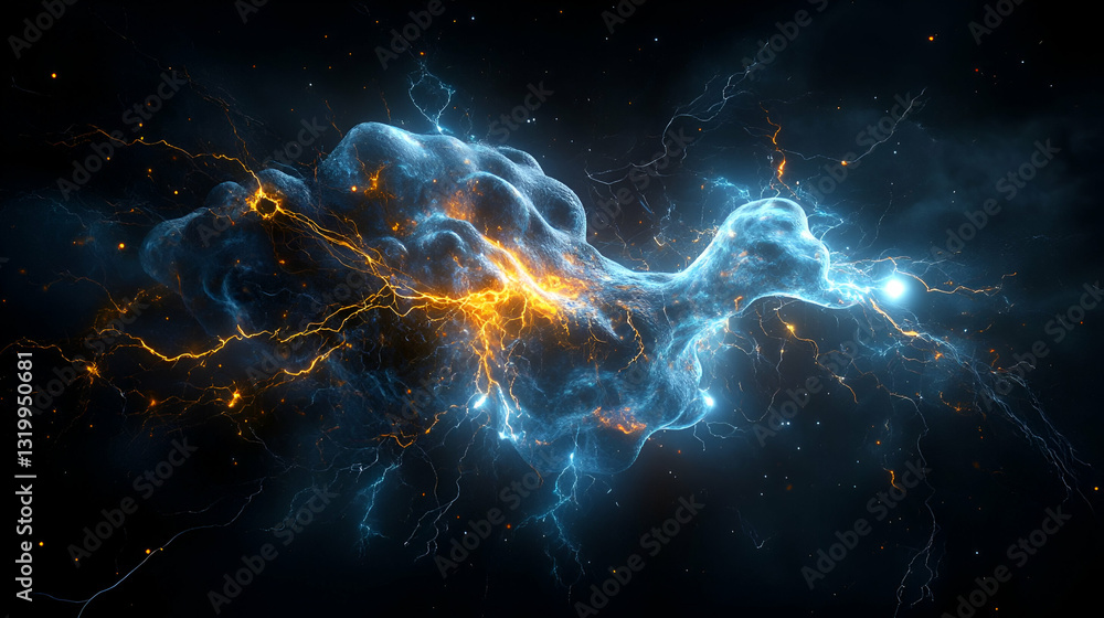 Poster artistic visualization of microscopic particles creating dynamic cosmic energy in space