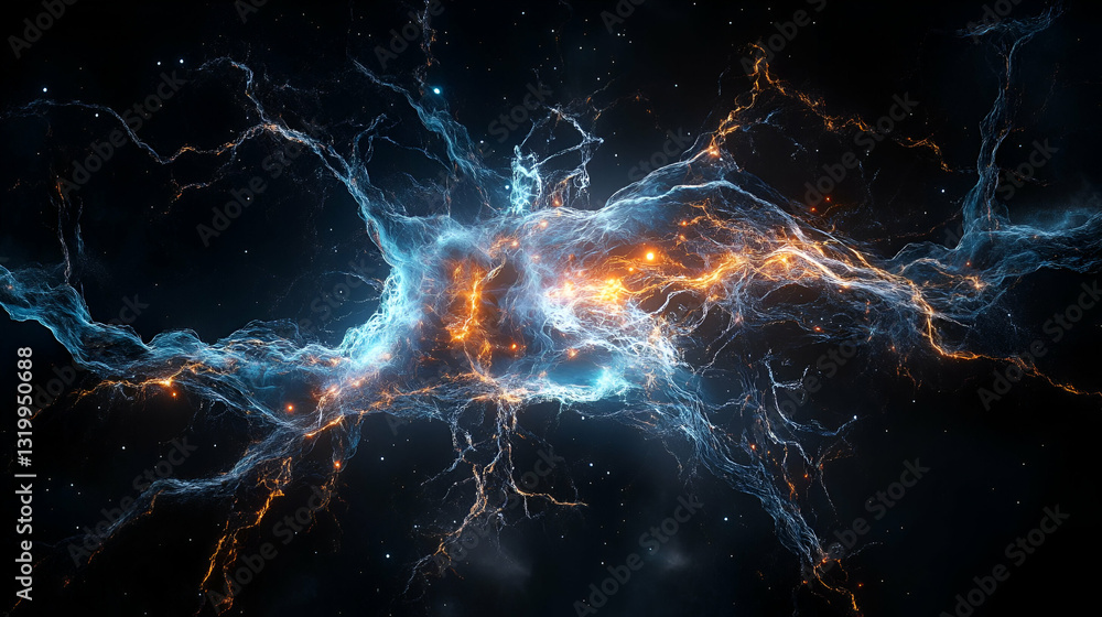 Poster artistic visualization of microscopic particles interconnecting in a vibrant abstract design