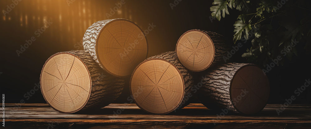 Poster Wooden log slices on rustic table, creating a natural showcase with free space Ideal for product display or nature-themed designs