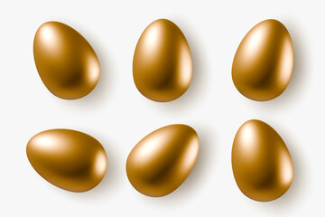 Set of six realistic 3D golden eggs symbol isolated on white background. Easter design, greeting cards, banners, or festive decorations. Vector illustration gold metal egg objects set