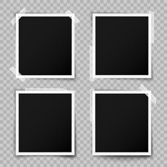 Collection of empty old photo frames with white borders and adhesive tape. Realistic vector mockup template isolated on transparent background, perfect for design projects, photo album or scrapbooking