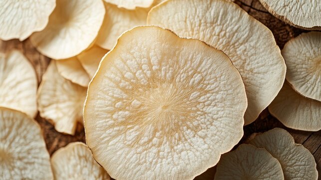 Close-up of thinly sliced marshmallow root arranged in a minimalistic style on a wooden surface