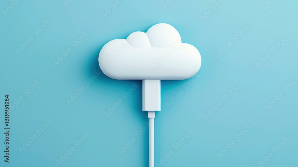 Poster explore the cloud computing concept with an illustration of a white cloud linked to a network cable.