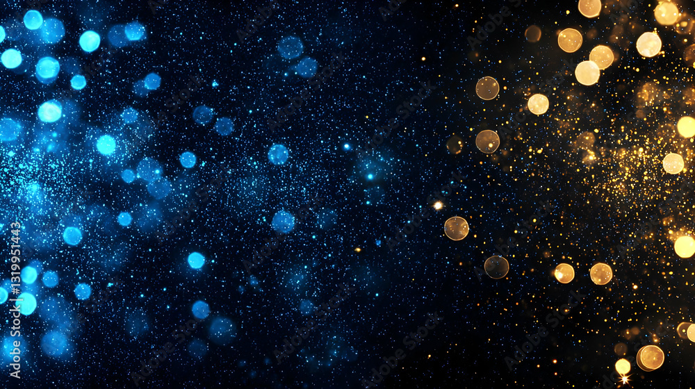 Poster abstract blue and gold bokeh background with glittering particles creating a festive and elegant des