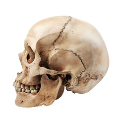 A high-resolution, highly detailed side view of a human skull isolated on a white background