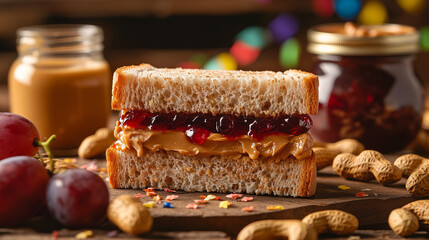 A joyful National Peanut Butter and Jelly Day celebration, featuring a beautifully arranged PB&J sandwich on a rustic wooden table. 