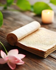 An old manuscript with delicate script resting on a rustic wooden table, adorned with lotus flowers and glowing candles, symbolizing wisdom and spirituality