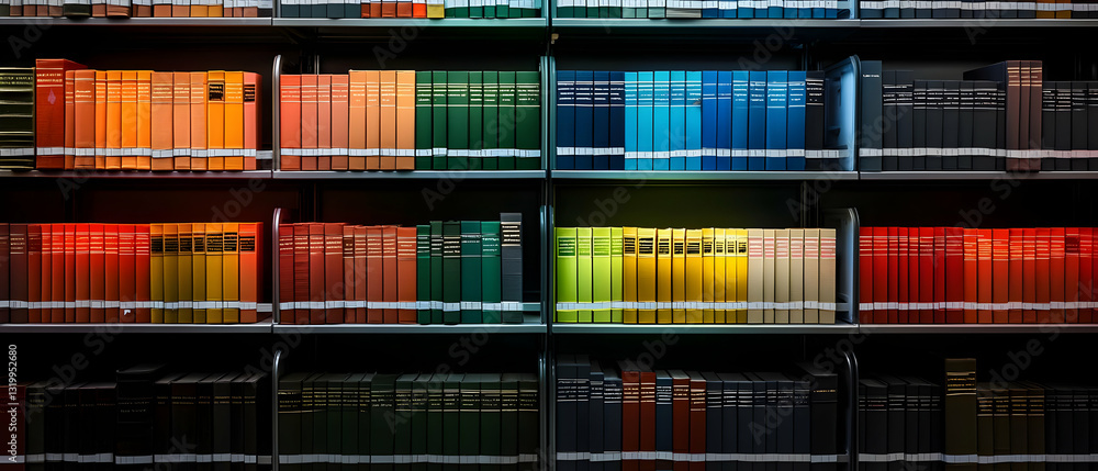 Poster colorful bookshelf library with various books organized in rows displaying knowledge and literature