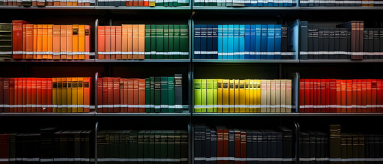 Colorful Bookshelf Library With Various Books Organized In Rows Displaying Knowledge And Literature