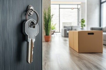 Key inserted in door during house relocation with moving boxes in background