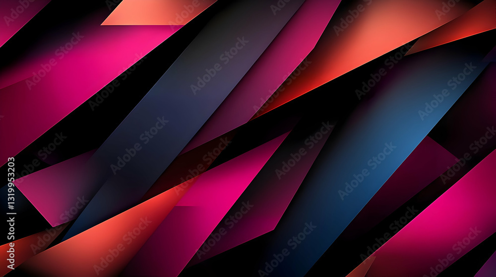 Poster abstract composition with overlapping geometric shapes in red blue and pink tones on dark background
