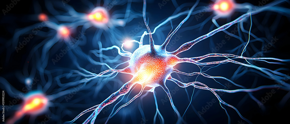 Poster glowing blue and orange neuron transmitting signals in a dark microscopic environment with intricate