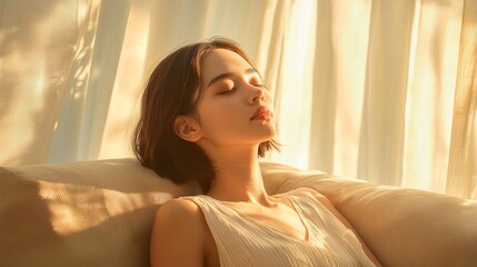 Cozy relaxing bedroom scene with a content young woman