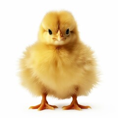 Obraz premium A cute yellow chick with bright eyes stands out against a clean white backdrop, perfect for springthemed designs.
