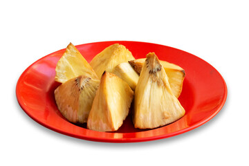 Sliced fried breadfruit on red plate