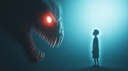 A young boy stands bravely before a menacing creature in a captivating blend of light and shadows.
