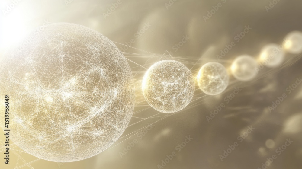 Poster Multiple interconnected spheres representing unique virtual worlds illuminated by light beams in a harmonious cosmic arrangement