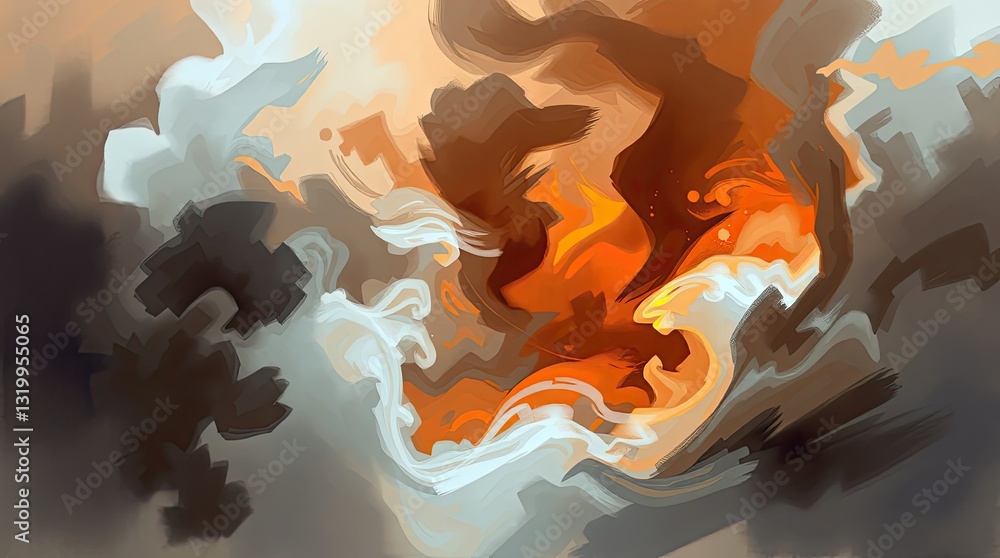 Poster dynamic swirls of orange and gray evoke the essence of swirling clouds creating an intense and capti