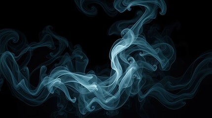 Fototapeta premium Delicate strands of blue smoke swirl and twist in a dark background forming intricate patterns that evoke a sense of mystery and allure