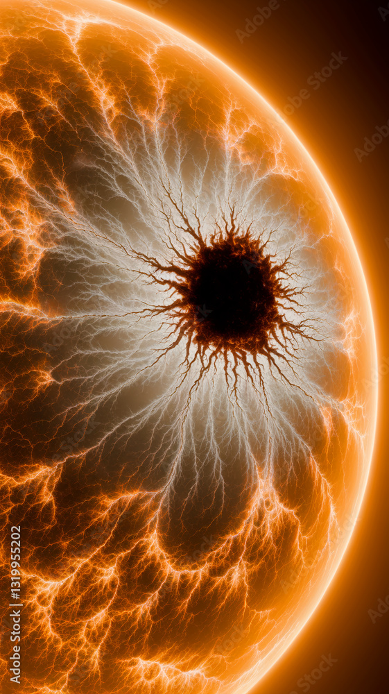 Poster abstract image of orange and white energy, resembling an eye or celestial body, creating a dynamic a