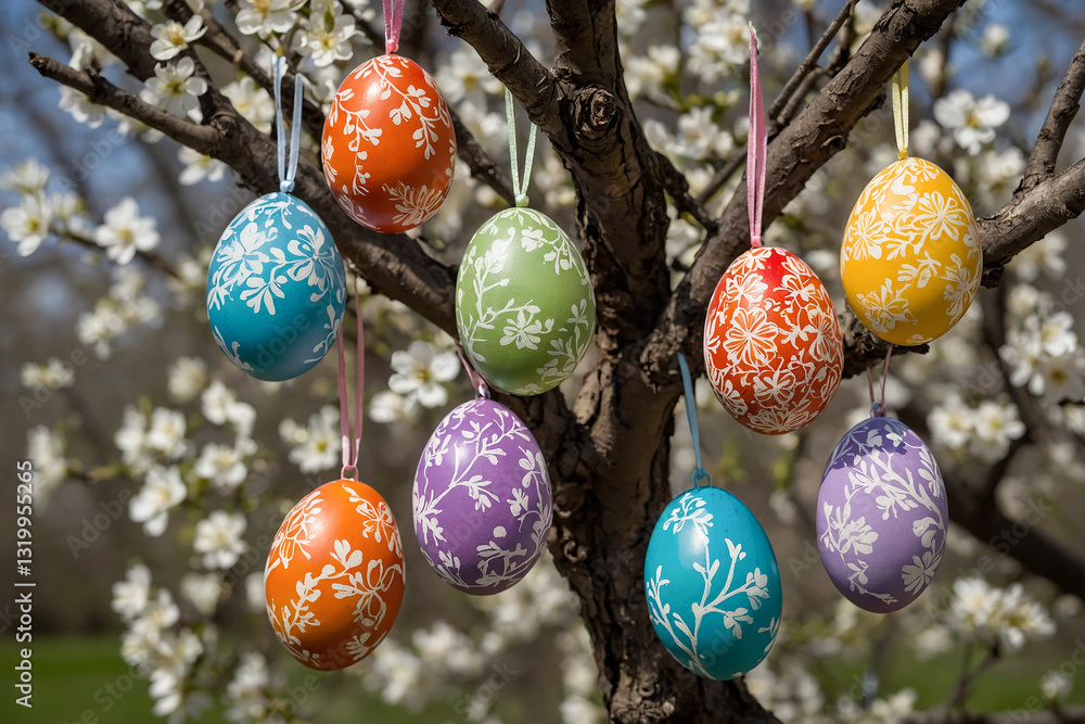 Poster easter eggs hanging from tree branches like ornaments in a fresh spring setting