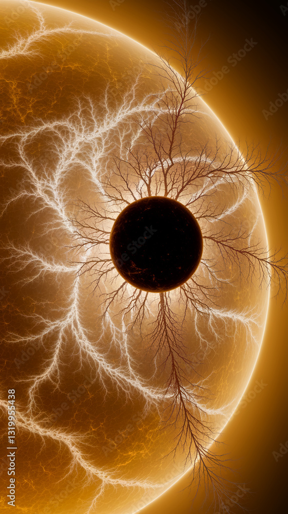 Aufkleber abstract image of a dark sphere encircled by branching, tree-like structures within a glowing orange