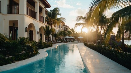 Fototapeta premium A pool with palm trees in the background