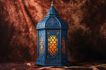 Decorative Blue Lantern with Intricate Patterns and a Warm Glow

