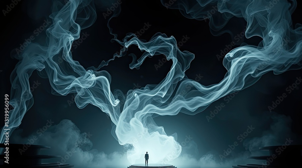 Poster a lone figure stands on a platform engulfed by ethereal smoke in a dark setting creating an atmosphe