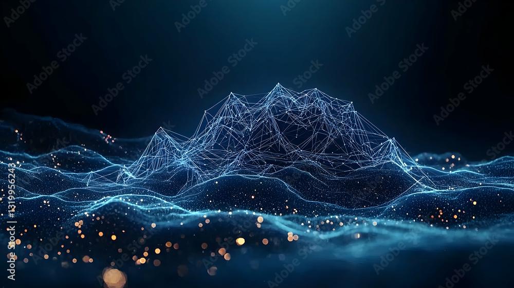 Poster abstract digital landscape with glowing blue particles in dark space illustrating technology and dat