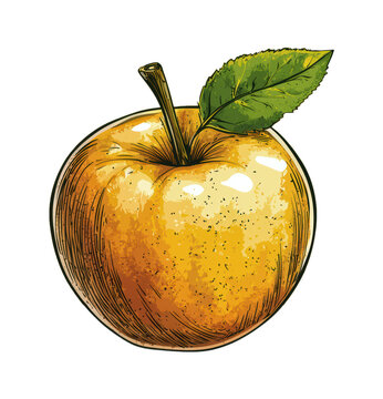 Hand Drawn Golden Yellow Apple with Green Leaf and Detailed Line Art Texture in Vintage Botanical Illustration Style Isolated on Transparent and White Background