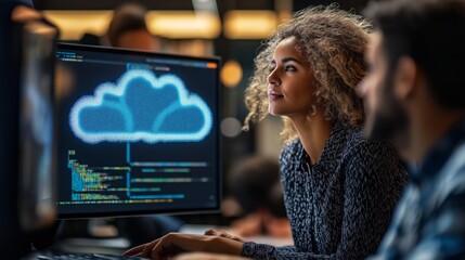 Two professionals engage in a collaborative effort on a cloud computing project, surrounded by screens displaying data. The dimly lit workspace buzzes with creativity and technology