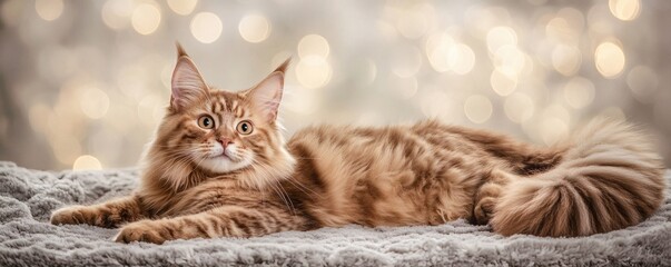 A beautiful longhaired cat is lying down comfortably on a blanket