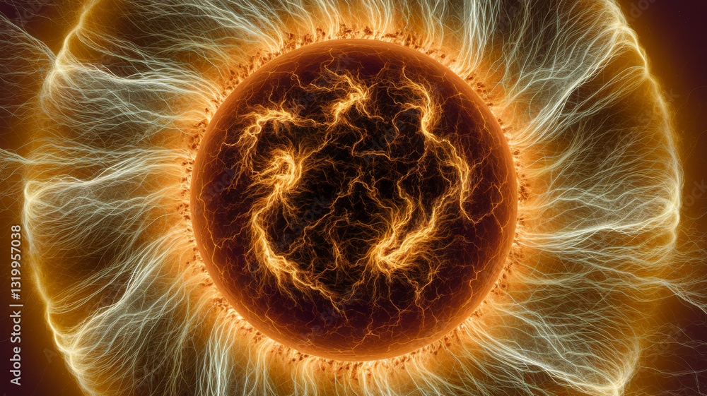 Poster orange sphere with bright, thin, glowing filaments, creating a dynamic, energetic visual. represents