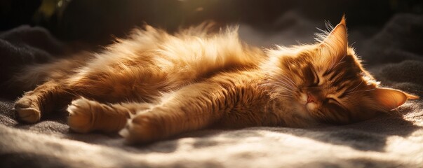 A fluffy ginger cat sleeping peacefully on a soft blanket