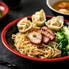 Classic Dry Wantan Mee with Char Siu and Dumplings in a Traditional Setting