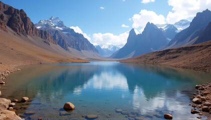 Beautiful Mountain Lake: Reflected Surface and Stunning Peaks in a Dry Setting
