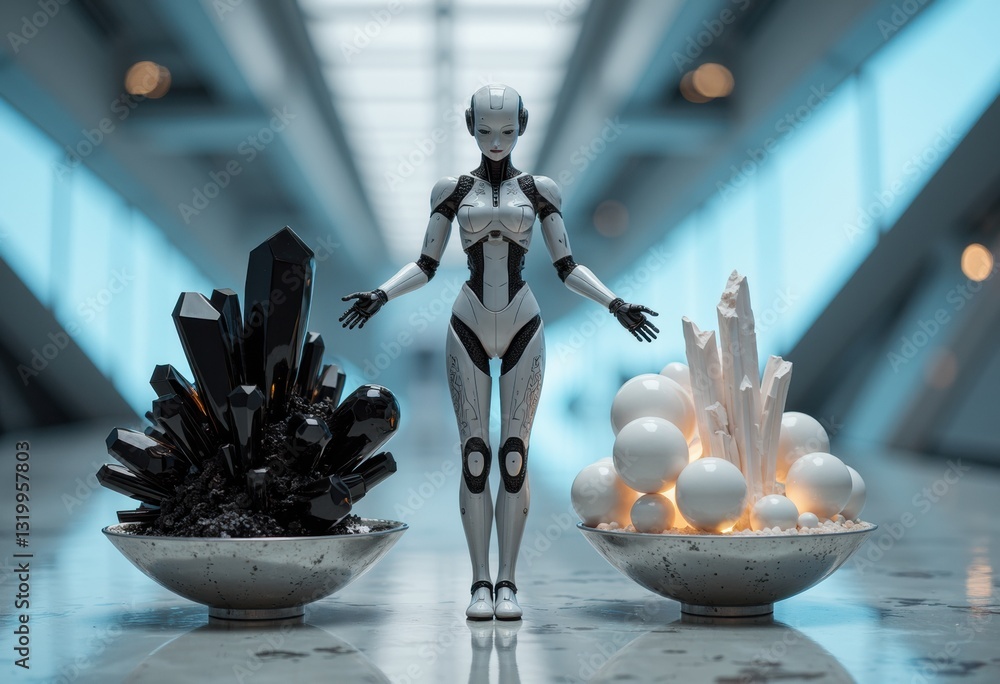 Poster a futuristic robot stands between two crystal formations in a modern setting