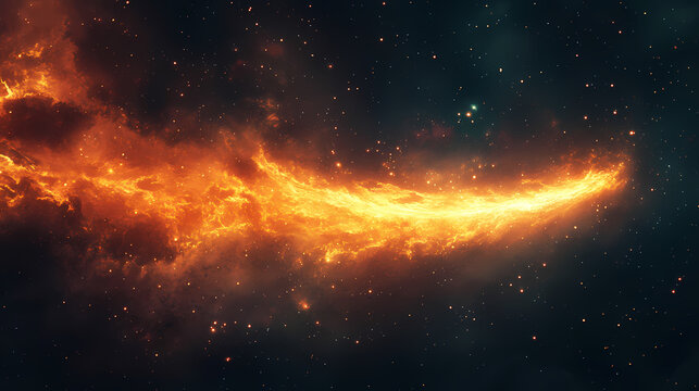 Vibrant cosmic scene featuring fiery streak of light amidst dark background, evoking sense of energy and movement. Fiery Brilliance. Illustration
