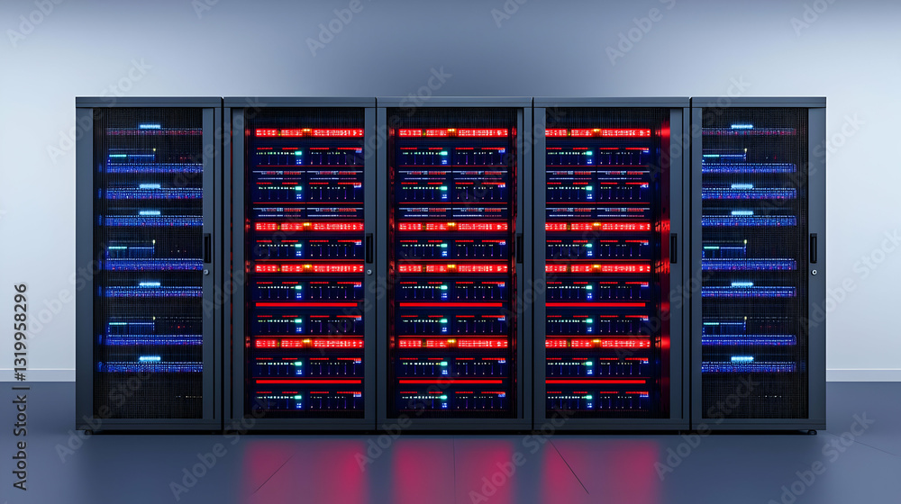 Poster modern server room with multiple server racks featuring blinking red and blue led lights in a dark e