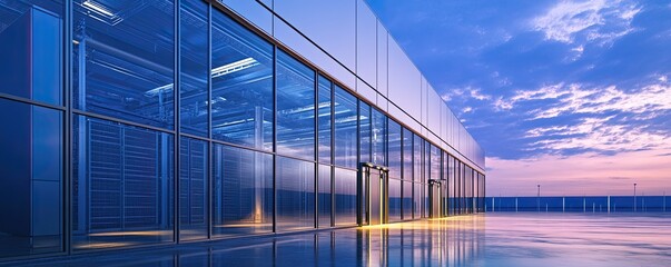 Modern Data Center Exterior at Dusk with Reflections and Colors