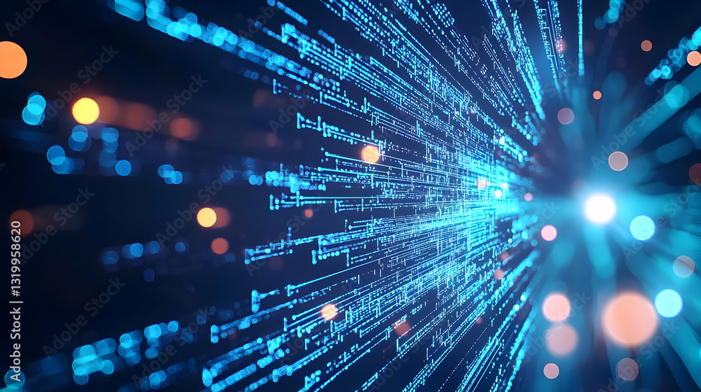 Poster dynamic flow of blue binary code data stream with bright glowing bokeh lights on a dark background i