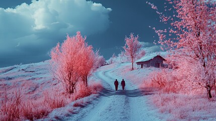 Dreamy Infrared Landscape with Two Walkers and Pink Trees