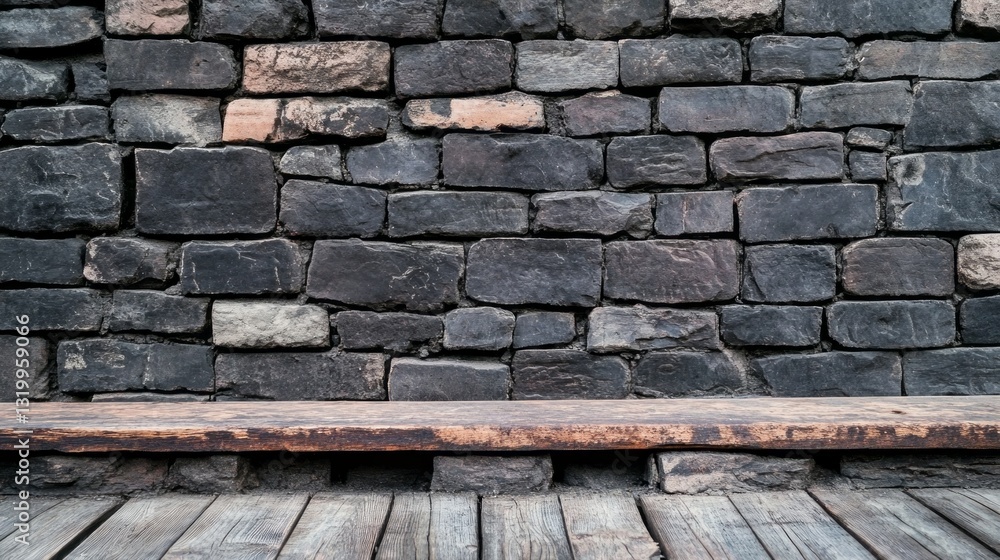 Poster with a focus on simplicity, a rustic brown wooden table sits empty in front of a stunning stone wall
